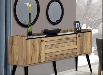Designer Dining room Furniture Set Light Brown Wood Sideboard Glass Mirror